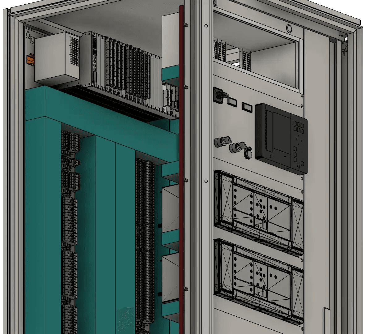 3D-model van een besturingspaneel naast het fysieke paneel