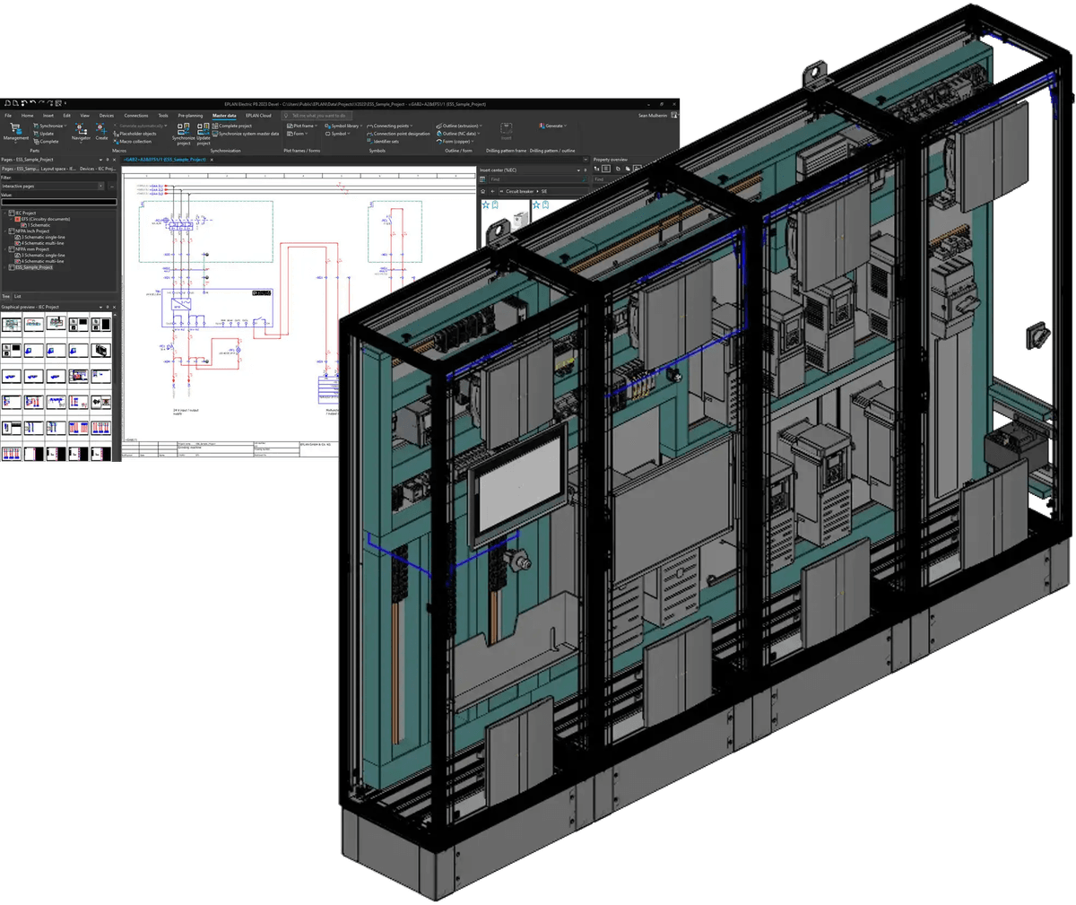 EPLAN 3D-ontwerp naast besturingspanelen en verdeelkasten